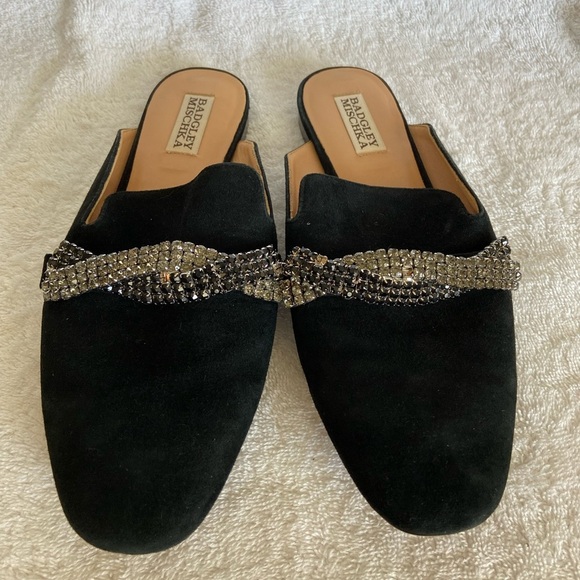 BADGLEY MISCHKA Karin Crystal Embellished Mule in Black Suede Size 7 EUC - Picture 3 of 7
